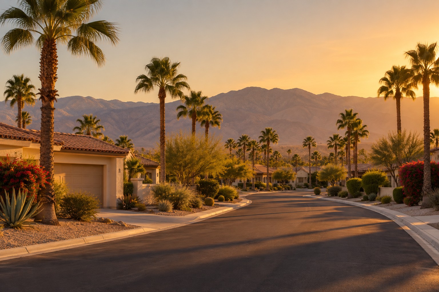 A Coachella Valley neighborhood street with palm trees at golden hour, illustrative