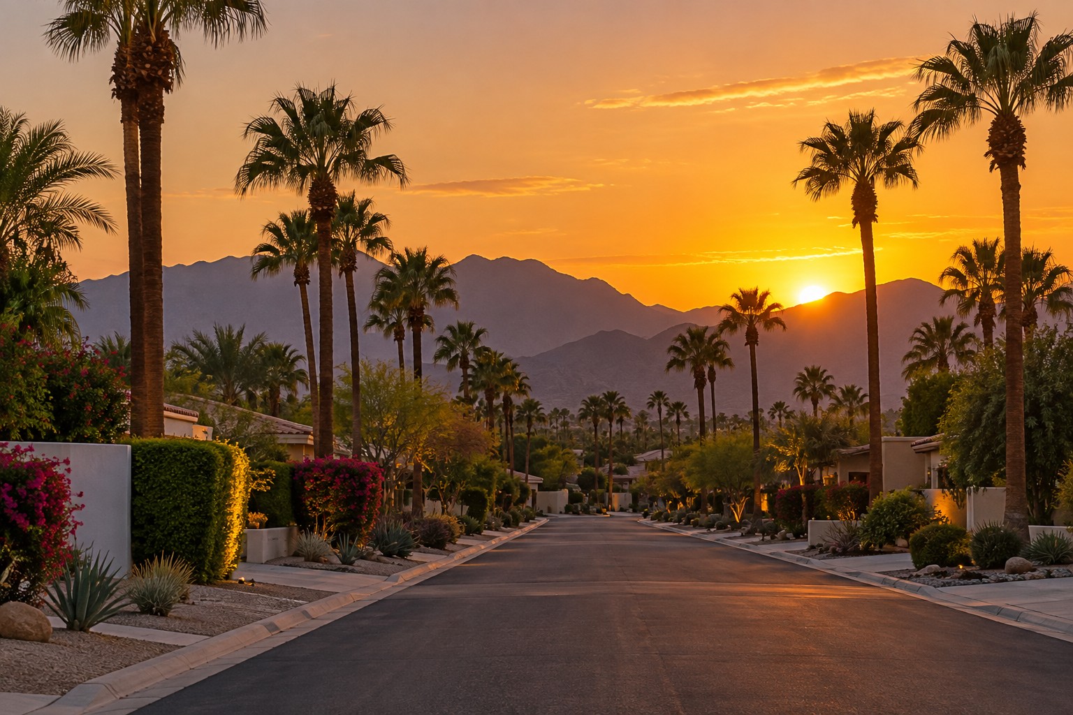 A tree lined Coachella Valley street with palm trees at sunset, illustrative