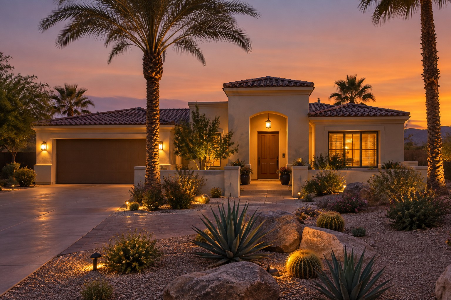A Coachella Valley single family home exterior at dusk, illustrative